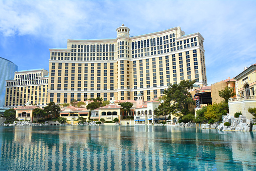 Las Vegas, USA - March 21, 2018 : Fountains of Bellagio - Bellagio Hotel & Casino at Las Vegas Boulevard, famous Strip.  Bellagio Hotel is a part of MGM Resorts International.