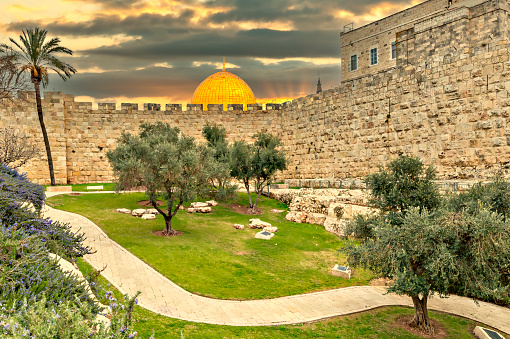 Ancient wall and fortress in old city of Jerusalem, here are the main sacred places and the most famous public domain places in the world, Jerusalem