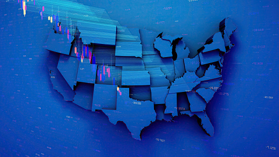 Map of USA with states on blue digital background