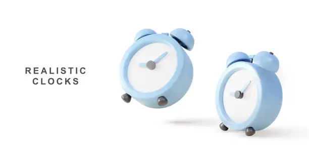 Vector illustration of 3d two blue realistic clock. Vector illustration.
