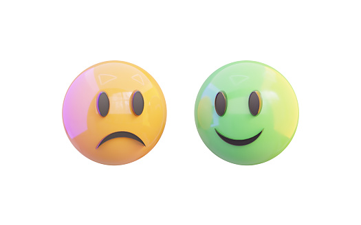 3D rendering of Emoji with Smiley and Sad Face on Balance Board, Seesaw Scale. Business Concept. Yellow background.