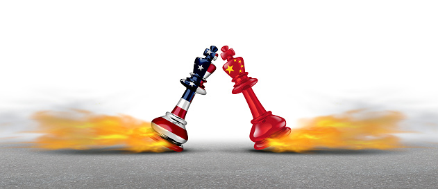 China United States dispute and Conflict or trade war with American and Chinese chess kings a fighting as an economic and geopolitical dispute concept as a 3D illustration.