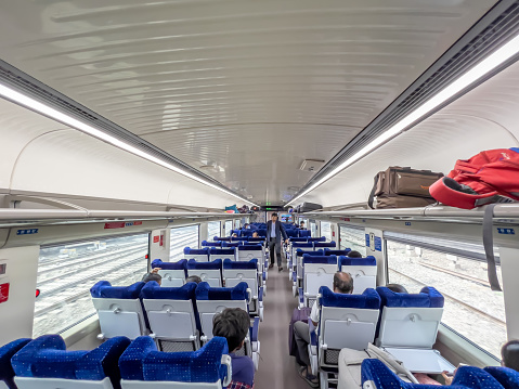 Pune, India - March 07 2023: The interior of the chair car coach of the Vande Bharat Express, travelling from Solapur to Mumbai, India.