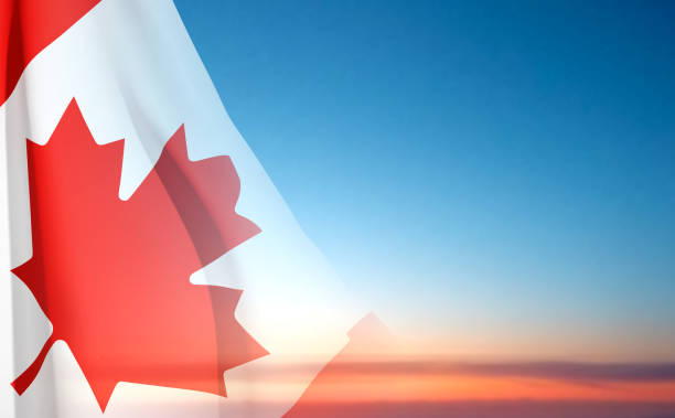 национальный флаг канады на закатном небе - canadian flag illustrations stock illustrations