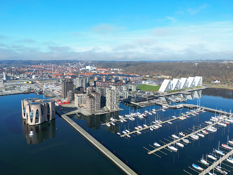 Aerial view of the harbour and downtown area of Vejle on a sunny day in Jylland, Denmark