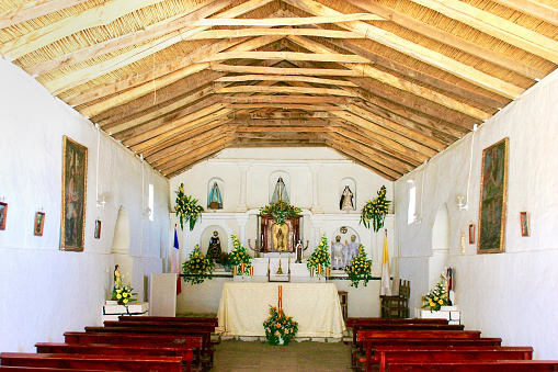 Toconao, San Pedro de Atacama region, Chile.  May 8th 2006.  Interior of the ancient San Lucas church in the village of Tocanao.