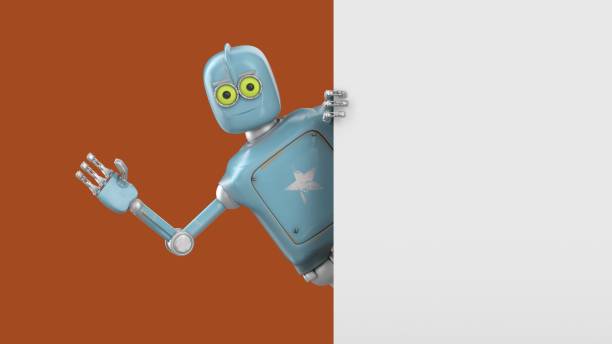 istock Robot Cartoon funny 3D video render - wave your hand to greet, isolate on orange 1472132842