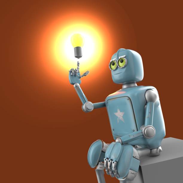 grunge vintage robot hand hold light bulb for good idea. brainstorming creative , Innovative lamp. idea concept. 3D rendering.
