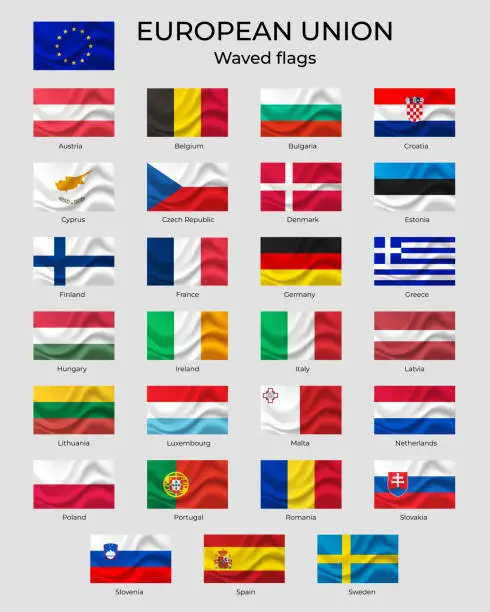 Vector illustration of European union flags. Wavy EU flags. European nation, set of flags. Europa flags, symbol