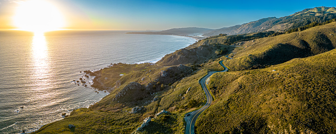 istock Pacific coast road Highway 1 California. Aerial shot at the pacific at sunset. Muir Wood. San Francisco 1472133486