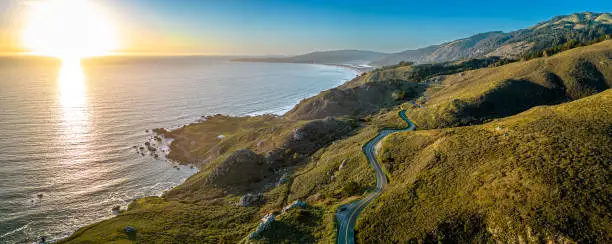 Pacific coast road Highway 1 California. Aerial shot at the pacific at sunset. Muir Wood. San Francisco
Drone panorama scenic shot.
Coastal Road Trip.
USA America