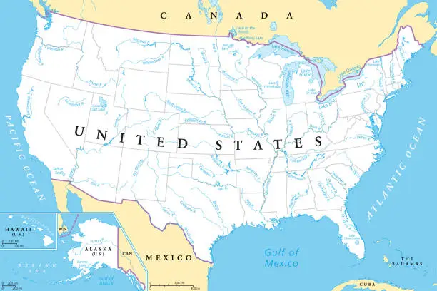 Vector illustration of United States, longest rivers and largest lakes, political map