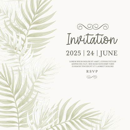 A cute tropical invitation template with tropical leaves and placeholder text.