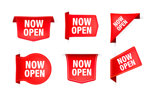 Red ribbon with text now open. Banner ribbon label now open. Vector illustration