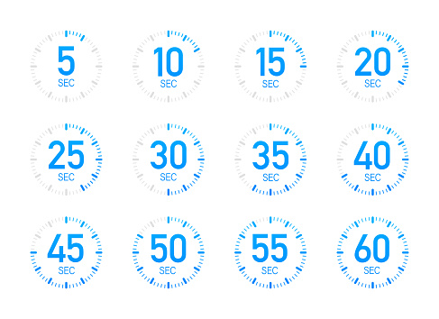 Timer, stopwatch icons set 10 20 30 40 50 60 seconds. Cooking time. Vector illustration