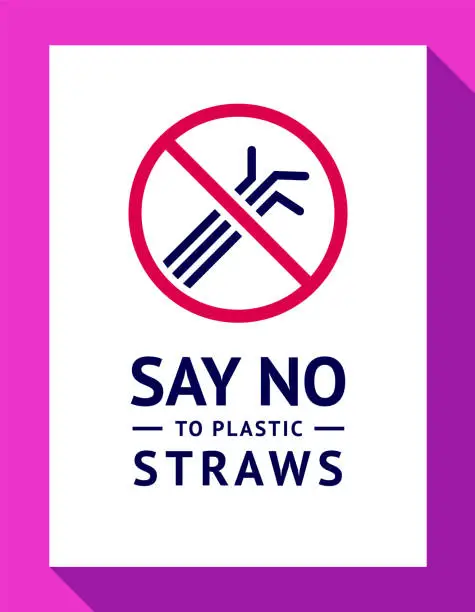 Vector illustration of No plastic straws forbidden poster, modern prohibited sticker