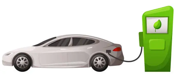 Vector illustration of Electric car on transparent background. Modern car on charging station with plugin cable