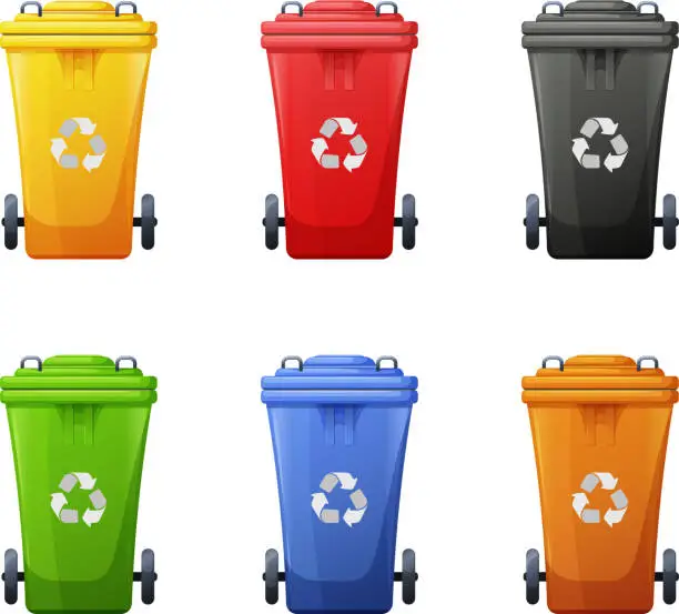 Vector illustration of Set of cartoon trash cans for trash sorting. Recyclable waste bin. Glass, organic, e-waste, paper, metal and plastic