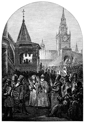 Religious Procession in Moscow (late 16th century era), painting by Adolf Iosifovich Charlemagne (circa 19th century). Vintage etching circa 19th century.