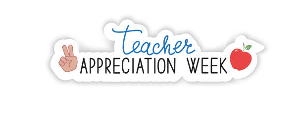 Teacher appreciation week concept. Teacher Appreciation Week school banner. Text, hand and red apple on a white background, vector. teacher appreciation week stock illustrations