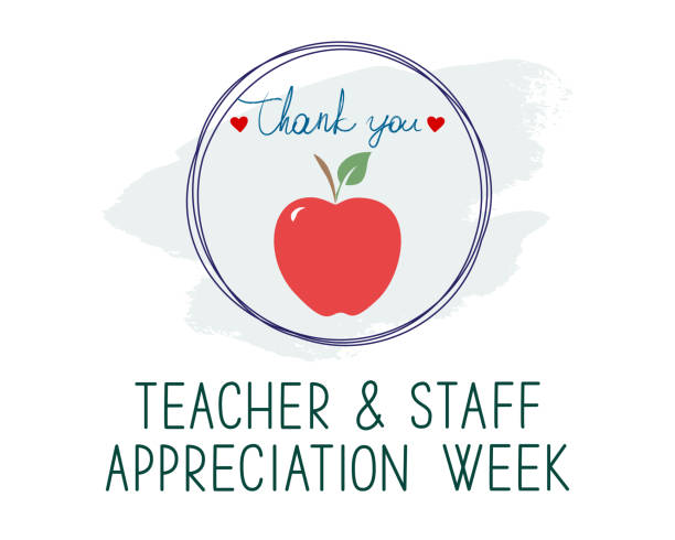 Teacher and staff appreciation week school banner. Red apple, text Thank You and hearts in the frame on white, vector. teacher appreciation week stock illustrations