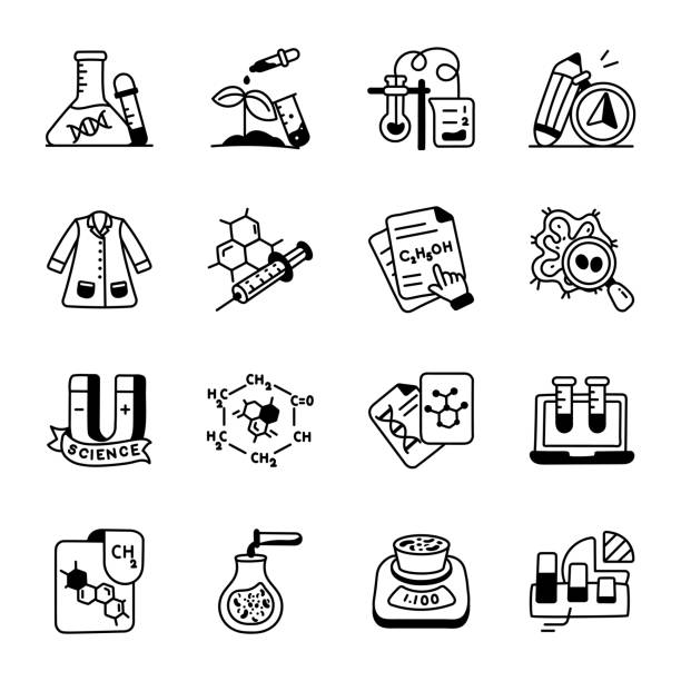 ilustrações de stock, clip art, desenhos animados e ícones de set of chemistry study and experiments doodle icons - science botany chemistry formula