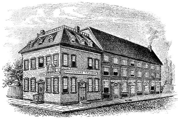 Shakespeare Tavern in New York City, United States - 19th Century Shakespeare Tavern in New York, New York, USA. Vintage etching circa 19th century. The tavern was located at the corner of Fulton and Nassau in Manhattan. nassau street stock illustrations