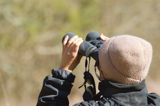 istock Outdoor woman, nature explorer with binoculars 1472145191