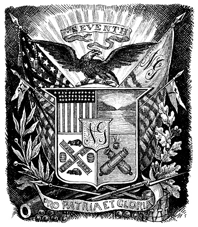The coat of arms for the 7th New York Militia Regiment, aka the Blue-bloods or Silk Stocking Regiment. Vintage etching circa 19th century.