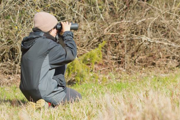 istock Outdoor woman, nature explorer with binoculars 1472145463