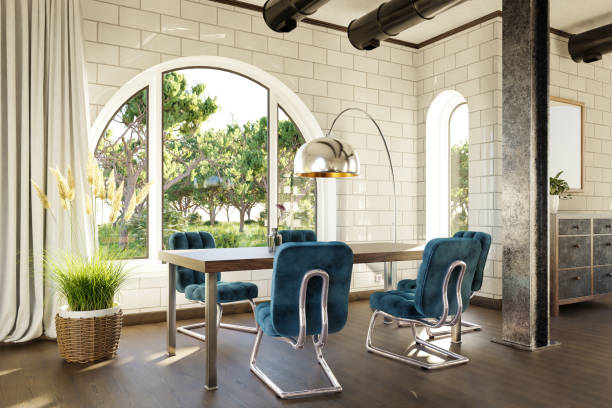 istock luxurious loft apartment with arched window and landscape view; noble dining room interior design mock up; 3D Illustration 1472147685