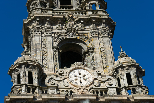 Santiago de Compostela Archcathedral Basilica Clock tower. The Cathedral is a place of pilgrimage on the Way of St James, Camino de Santiago. Santiago de Compostela, Spain