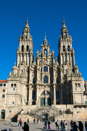Santiago de Compostela, Galicia. Spain. February 4, 2023. Santiago de Compostela Archcathedral Basilica. The Cathedral is a place of pilgrimage on the Way of St James, Camino de Santiago