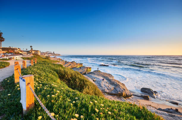 Path along the cliffs View South past the Surf Shack to Big Rock Reef along Windansea Beach, San Diego California la jolla stock pictures, royalty-free photos & images