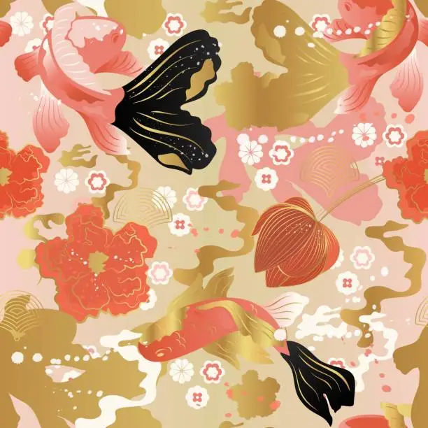 Vector illustration of Seamless vector pattern with Japanese theme. Asian background.