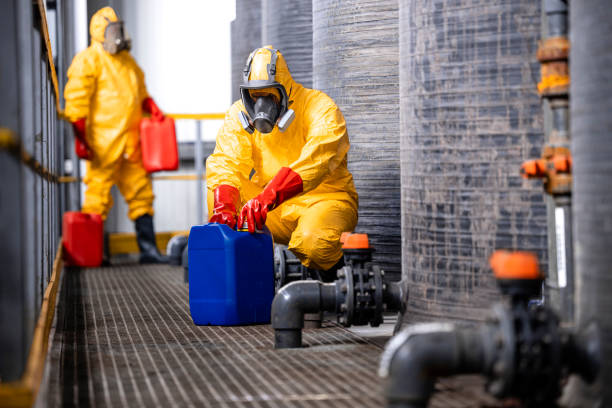 istock Chemicals plant workers carrying canisters. 1472151863
