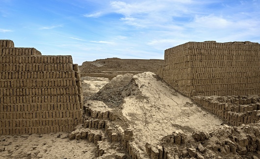 Lima, Peru, November 21, 2021: View of the Huaca Pucllana - the ruins of a pyramid and sacrificial altar of the Warri culture, estimated to date from around 500 BC. Huaca Pucllana located in the Miraflores district of Lima is built from seven staggered platforms.
