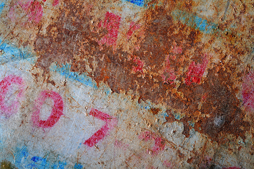 Industrial grunge metal background texture, rust peeling paint, fade numbers, corrosion