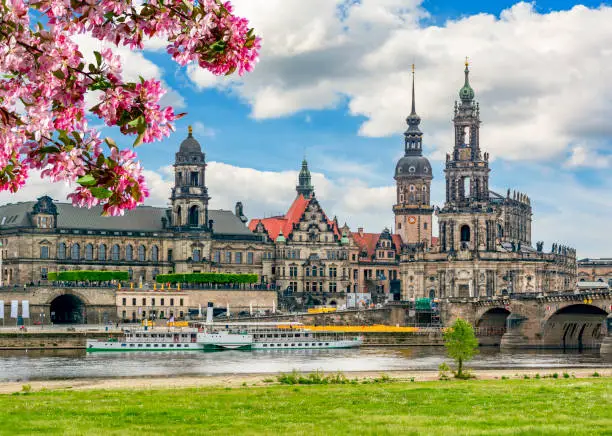 Dresden cityscape with cathedral, castle and Elbe river in spring, Saxony, Germany