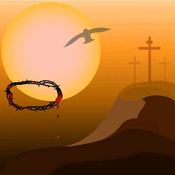 Vector illustration of The huge sun with the silhouette of a bird illuminates the mountain with three crosses.