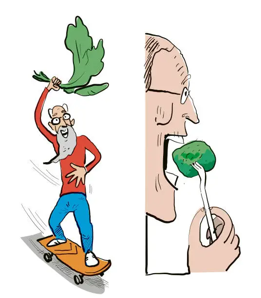 Vector illustration of Healthy Elderly People Fed Green Vegetables