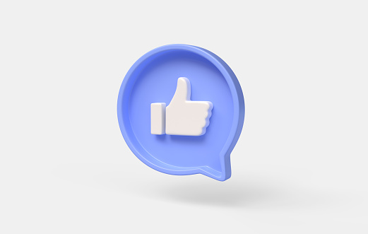 3d thumbs up notification icon on blue speech bubble. design element for social networks. illustration isolated on white background. 3d rendering