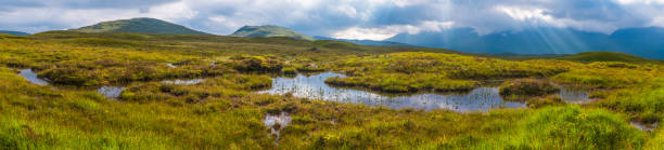 Scotland wild landscapes of Rannoch Moor mountains and meres panorama stock photo