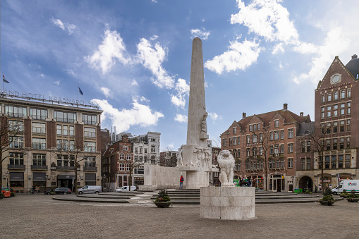 Amsterdam, Netherlands, March 2, 2023; National war memorial on Dam Square in Amsterdam for the commemoration of war victims.