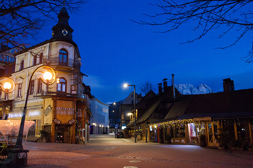 One of the main streets of the city of Zakopane completely deserted during the covid pandemic.