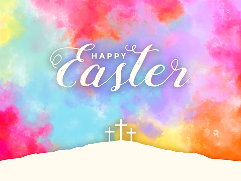 Spring season greeting card design with Happy Easter typography holiday script over beautiful watercolor paints background texture with three Christian crosses on hill of calvary illustration, Religious Easter Sunday celebration postcard invitation art