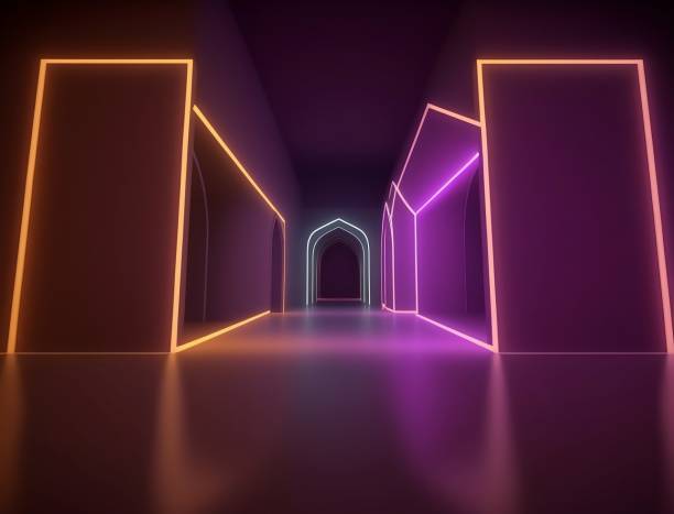 istock 3d background empty room islam temple. Spotlight, colorful neon light, reflection on tiles. Laser lines, shapes, smog 1472161404