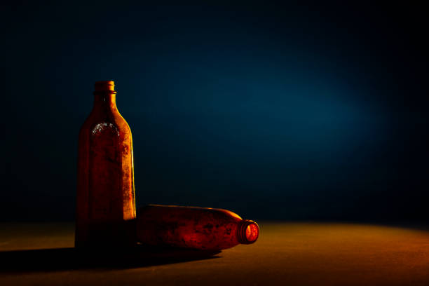 Vintage bottles on bluebackground. Copy space
