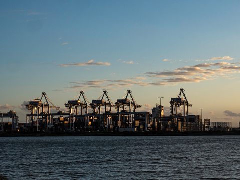 Container cranes at sunset, Port Melbourne