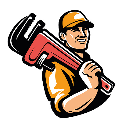 Happy worker with work tool. Plumber with wrench emblem or logo. Vector illustration